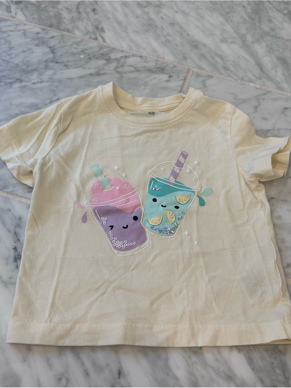 H&M Cream Tee with Pink & Teal Drink Graphics